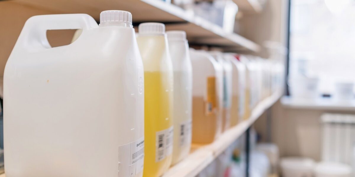 A row of different colored detergents in plastic bottles sits on a shelf. Each has a label on it with the text blurred.