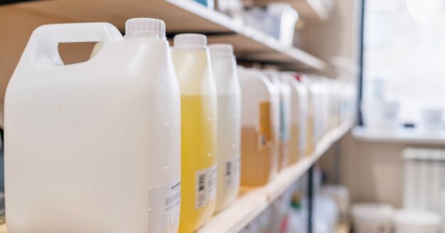 A row of different colored detergents in plastic bottles sits on a shelf. Each has a label on it with the text blurred.