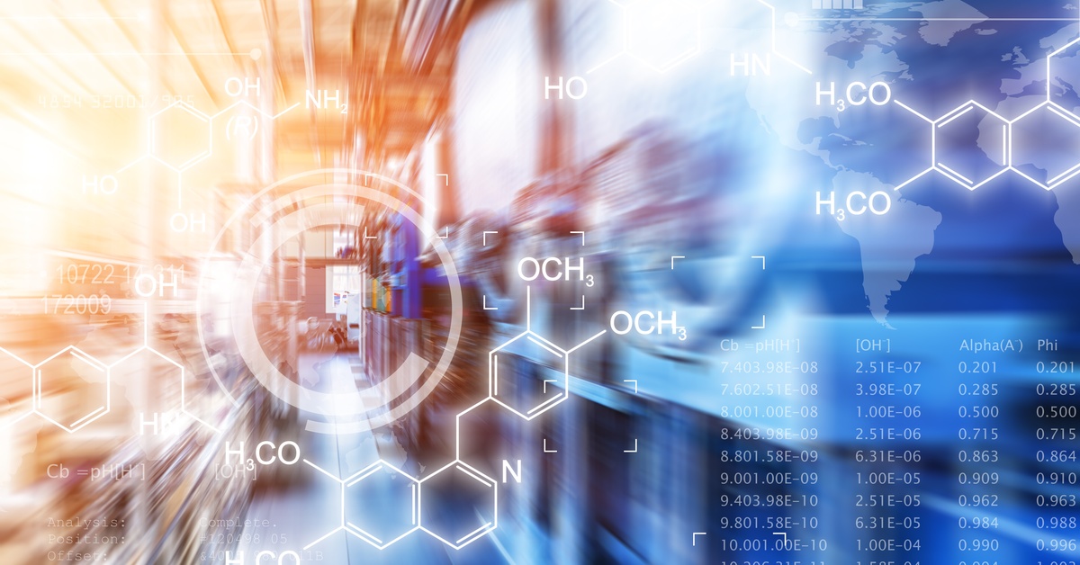 An abstract industrial scene with blurred machinery, molecular diagrams, and data overlays representing chemical process control.