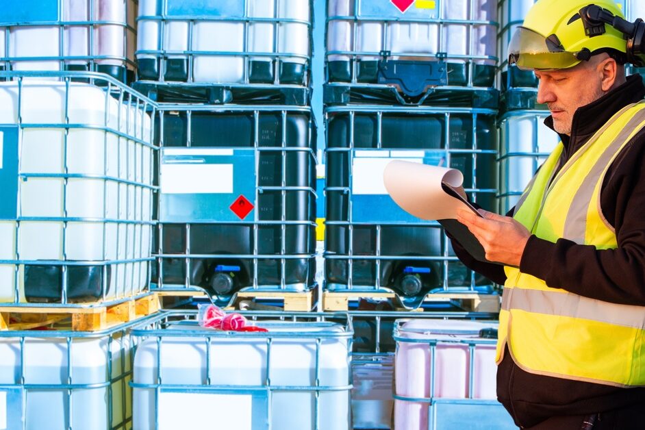 A man in a high-visibility vest is looking at a clipboard. He is also standing next to containers holding some liquid.