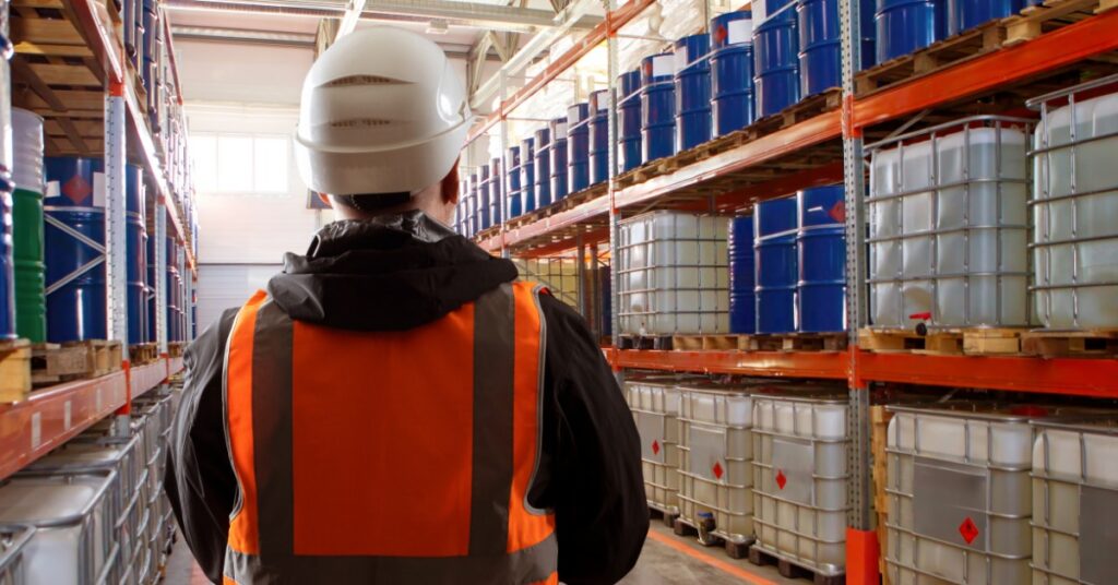 A man in a high-visibility vest is standing in a warehouse with pallet racks. The racks are filled with chemical containers.