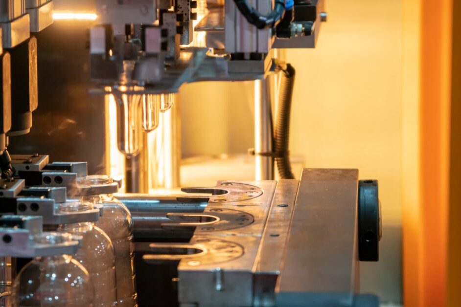 Several plastic bottles are in a machine. There is an orange light behind the machine, bouncing off the back wall.