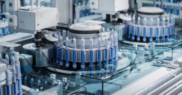 A piece of machinery has a number of capsules in a circle. There is another similar machine in the background.