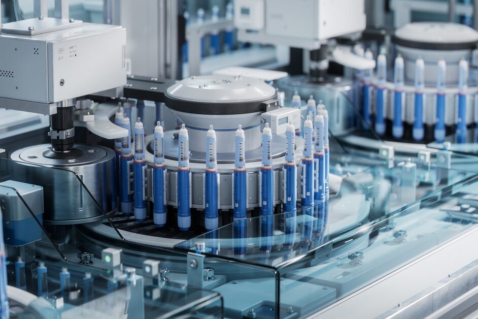 A piece of machinery has a number of capsules in a circle. There is another similar machine in the background.