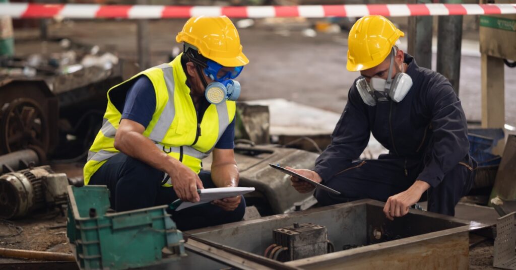 Two men who are both wearing hard hats and face masks are kneeling next to a metal bin.
